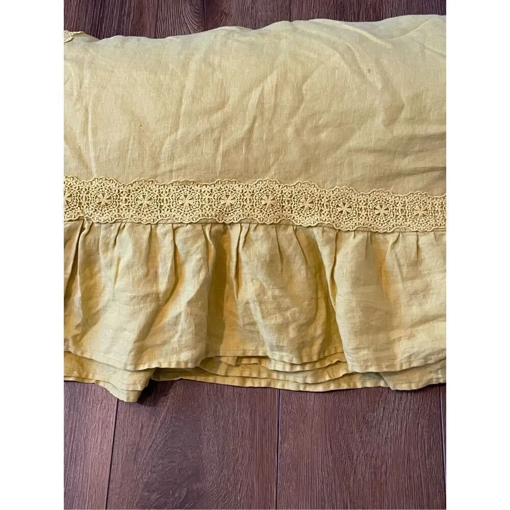 Pottery Barn Green Row Linen Ruffle Crochet Duvet Cover & Sham Twin Marigold